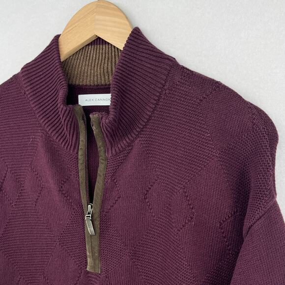 ALEX CANNON Sweater Mens XL 1/4 Zip Jumper Argyle Cotton Pullover Maroon - Picture 4 of 14